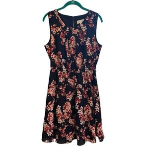 ELLE Fit & Flare Dress Womens Lg Navy Blue Sleeveless Lined Cottagecore Bodycon